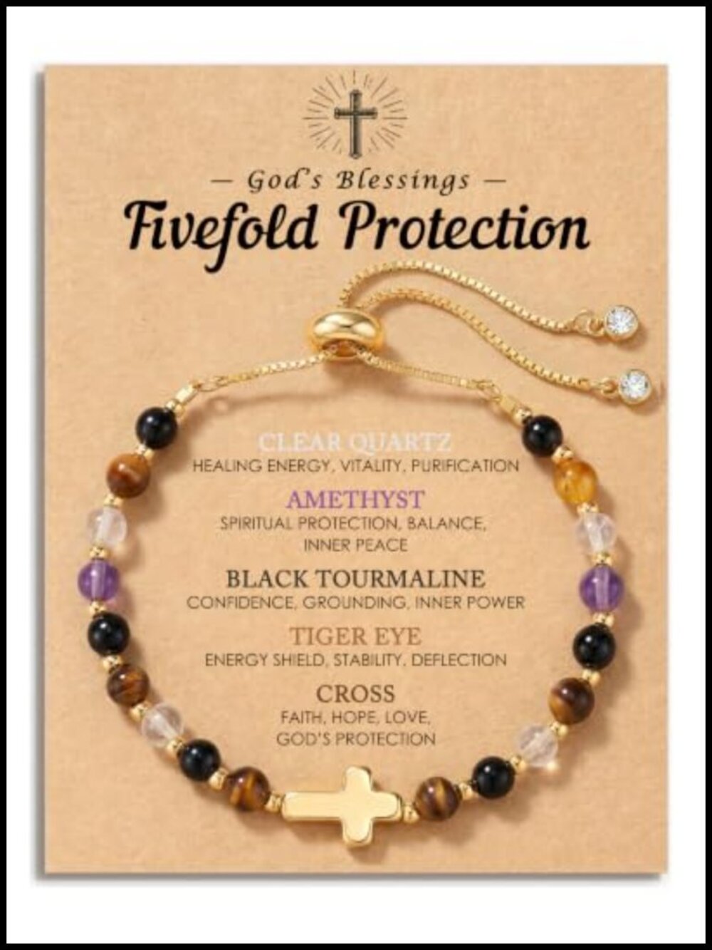 Cross Bracelet for Women, 14K Gold Plated, Natural Gemstone Christian Gift